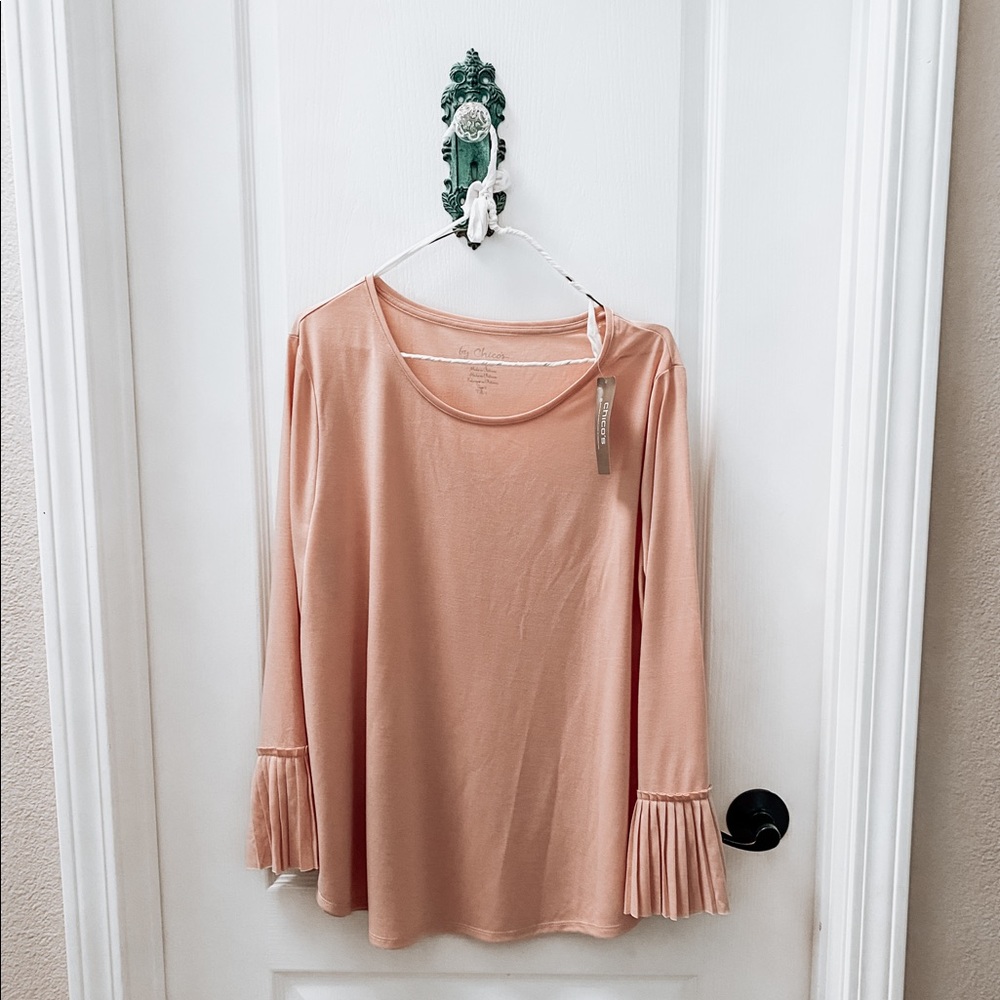 Chico’s Blush Blouse with Pleated Flare Sleeve Size Large